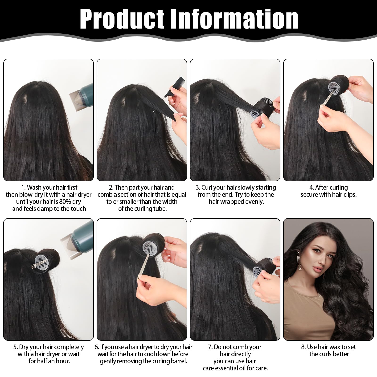 4 Sizes Self-Grip Hair Rollers Set - 50 Pcs Jumbo Curlers for Long, Short Hair and Bangs (25mm, 36mm, 48mm, 60mm) With Clips, Black